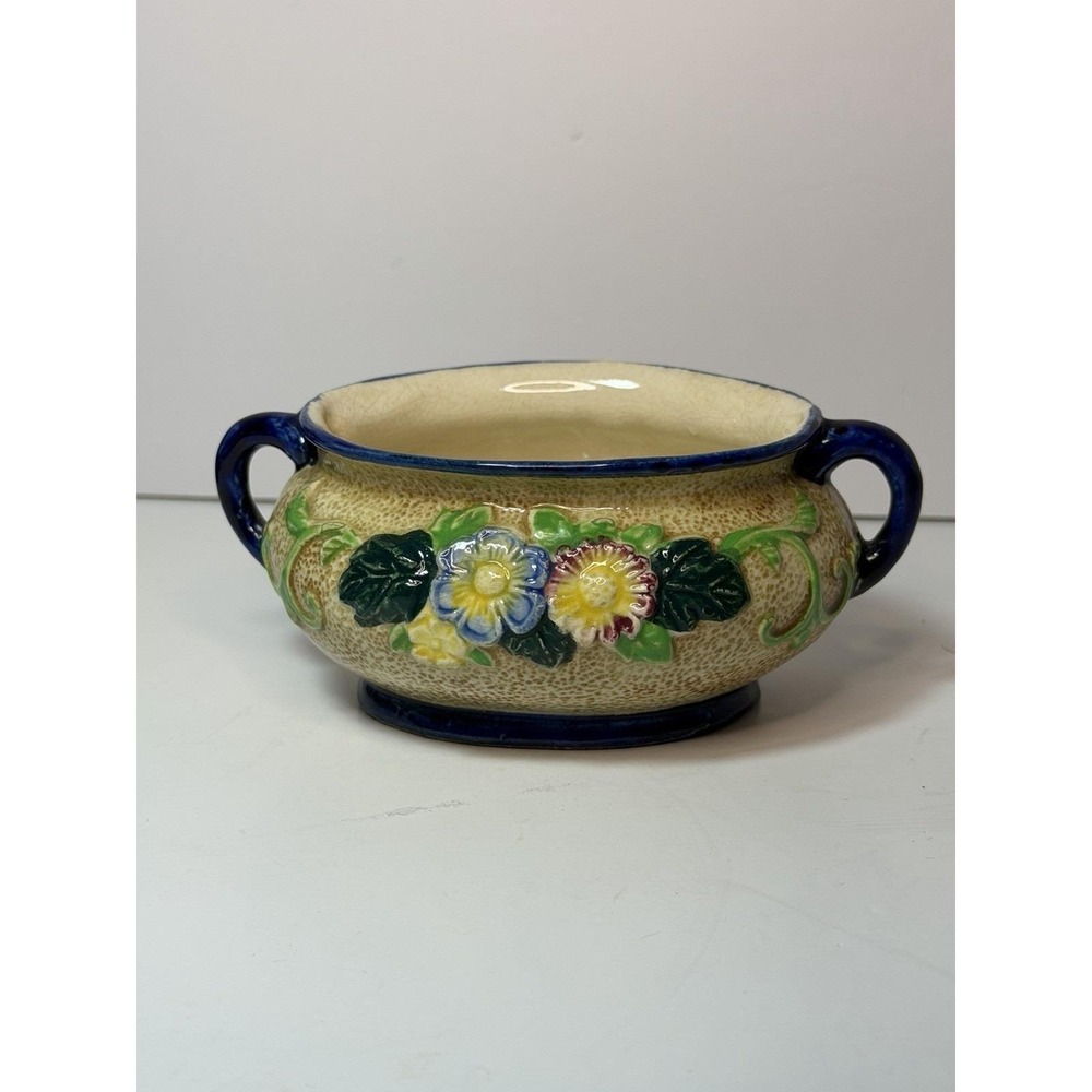 Antique Maruhon Ware Serving Bowl Japan Flowers Relief Handles 1920s 6"x4.5"